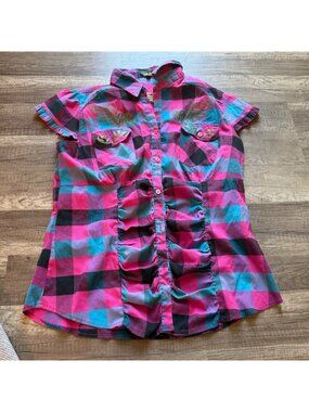 Old School 2X Womens Pink Plaid Button-Up Shirt With Gold Wings & Fleur-De-Lis G
